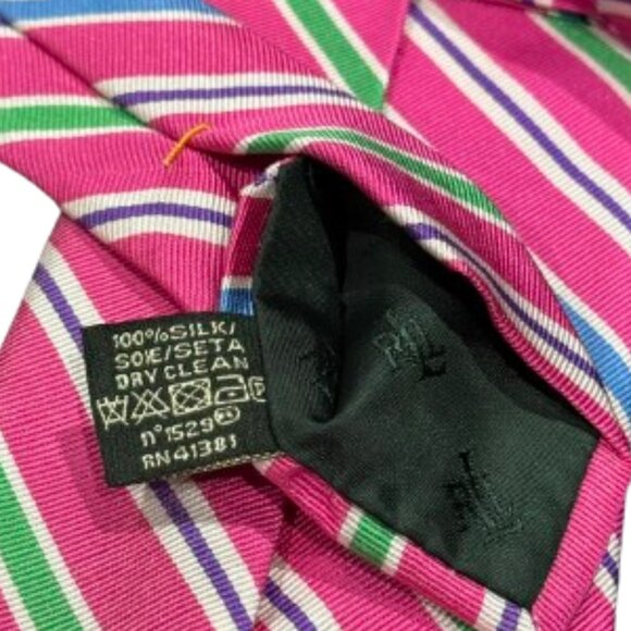 Lauren Ralph Lauren Pink Blue Green Stripe Preppy Academia Heritage 100% SilkTie - Picture 8 of 10